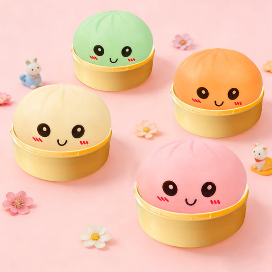 4 Pack Dumpling Squishies, Colorful Dumplings Stress Balls Fidget with Mystery Box Easter Basket Stuffers Stocking Stuffers with Food Steamer Stretchy