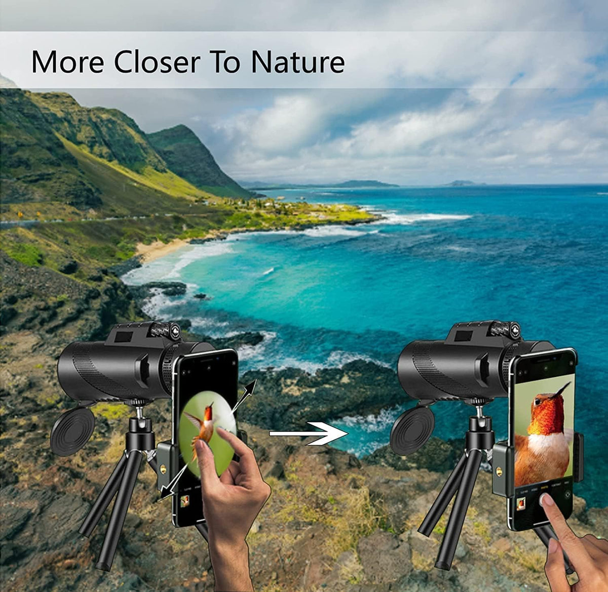 80x100 High‑Powered Monocular Telescope HD Portable Monocular for Adults with Phone Adapter Ideal for Bird Watching Wildlife Travel Camping Hiking‑Black