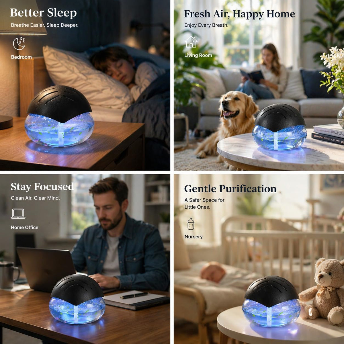 Air Freshener(Black) - for Home, Bedroom, Office and Warehouse - Essential Oil Aroma Diffuser with LED Color Night Light and Soothing Water Flow Sound - for Pets and Smokers.