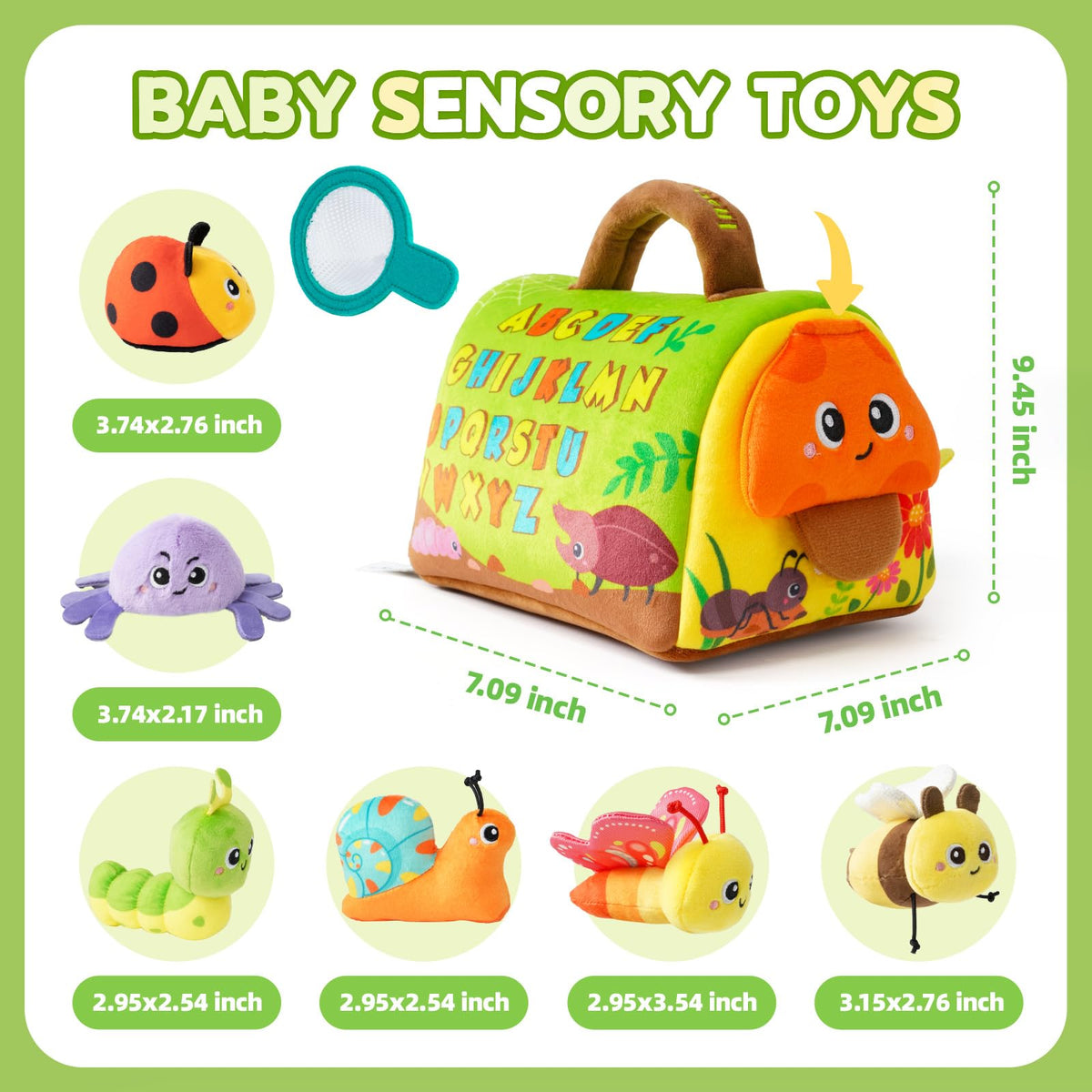 Baby Toys 6-12 Months, Insect House Sensory Toy Set with Rattle, Crinkling Parts and Mirror, Montessori Toy for 1-3, Plush Gift for Boys and Girls(Green)