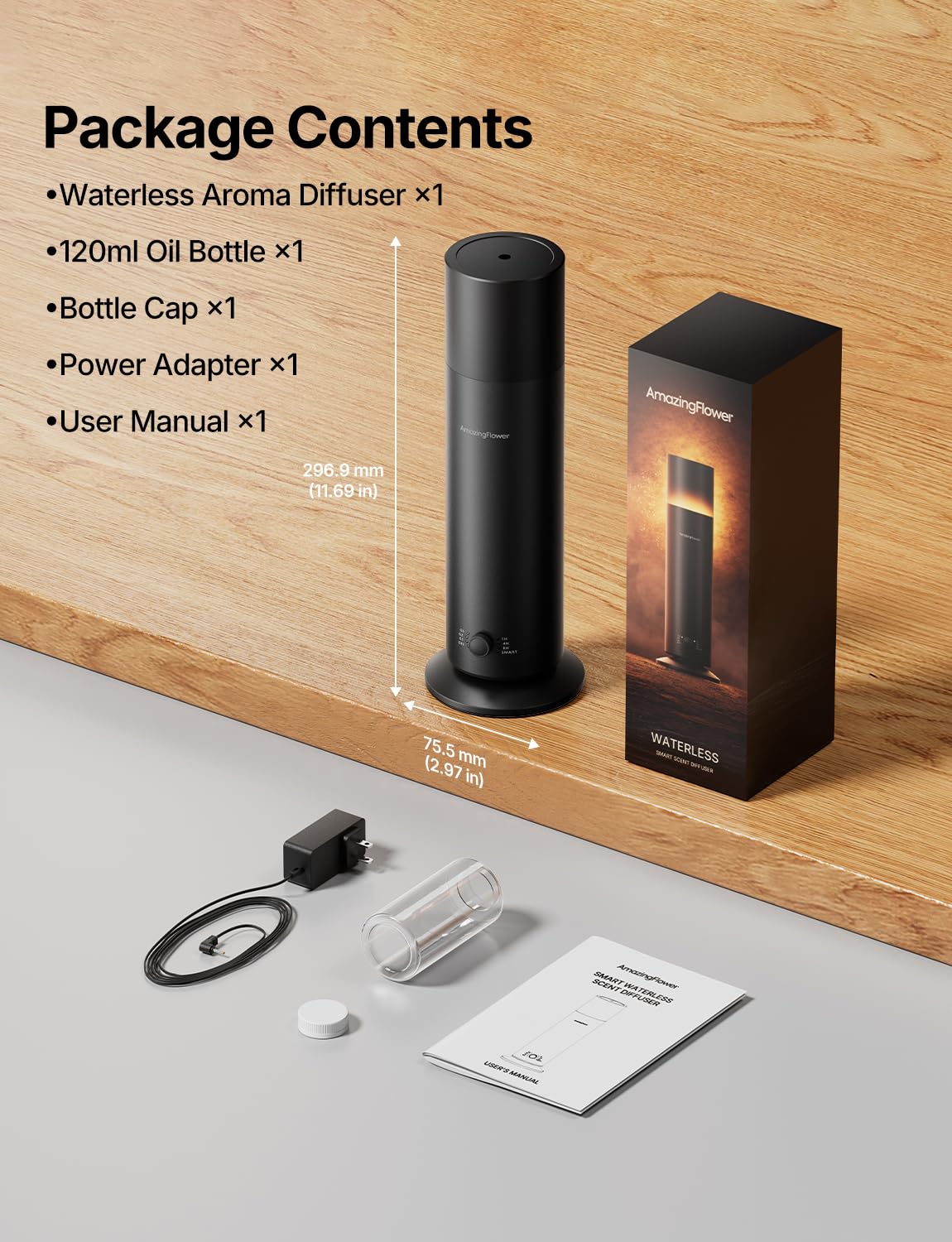 Waterless Essential Oil Diffuser with App Control for Home, Black