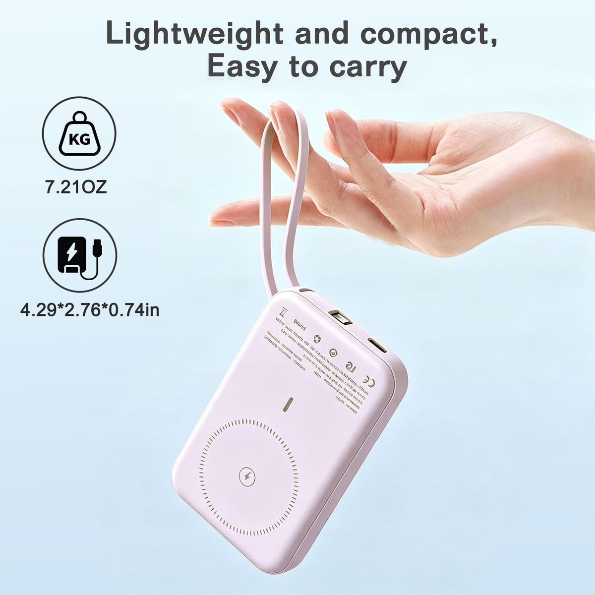 Magnetic Power Bank 10000mAh, Fast Charger with Built-in USB-C Cable(Pink)