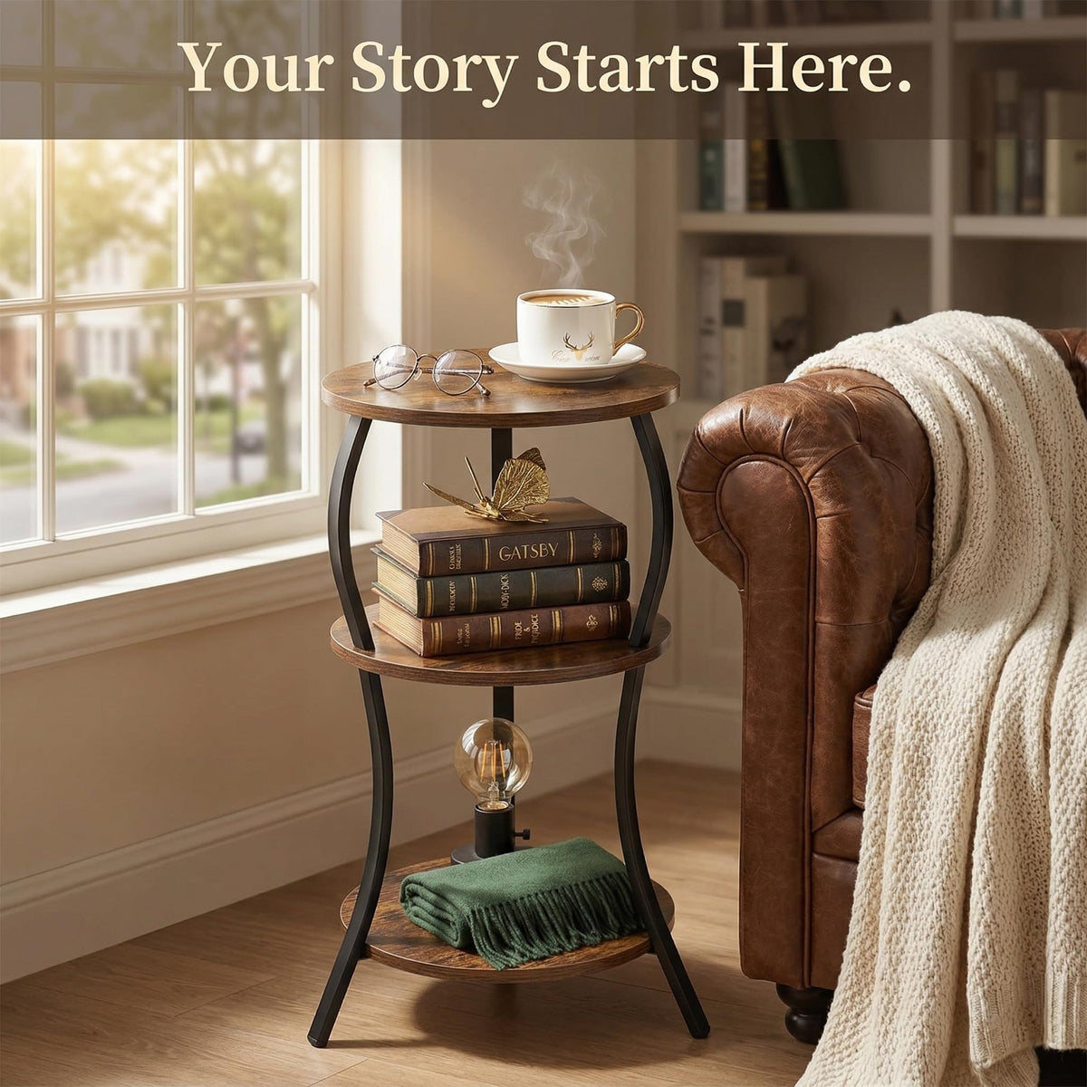 YEAKOO Vintage Small Round Side Table,3-Tier End Table for Small Spaces
