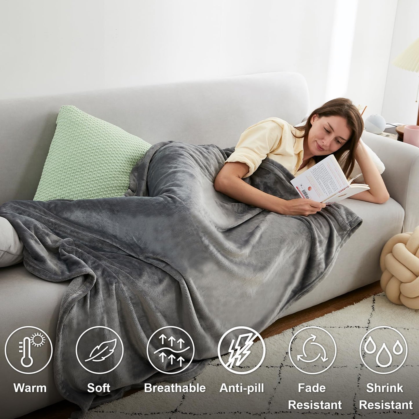 Hansleep Twin Grey Fleece Blanket, Soft Flannel Bed Blanket
