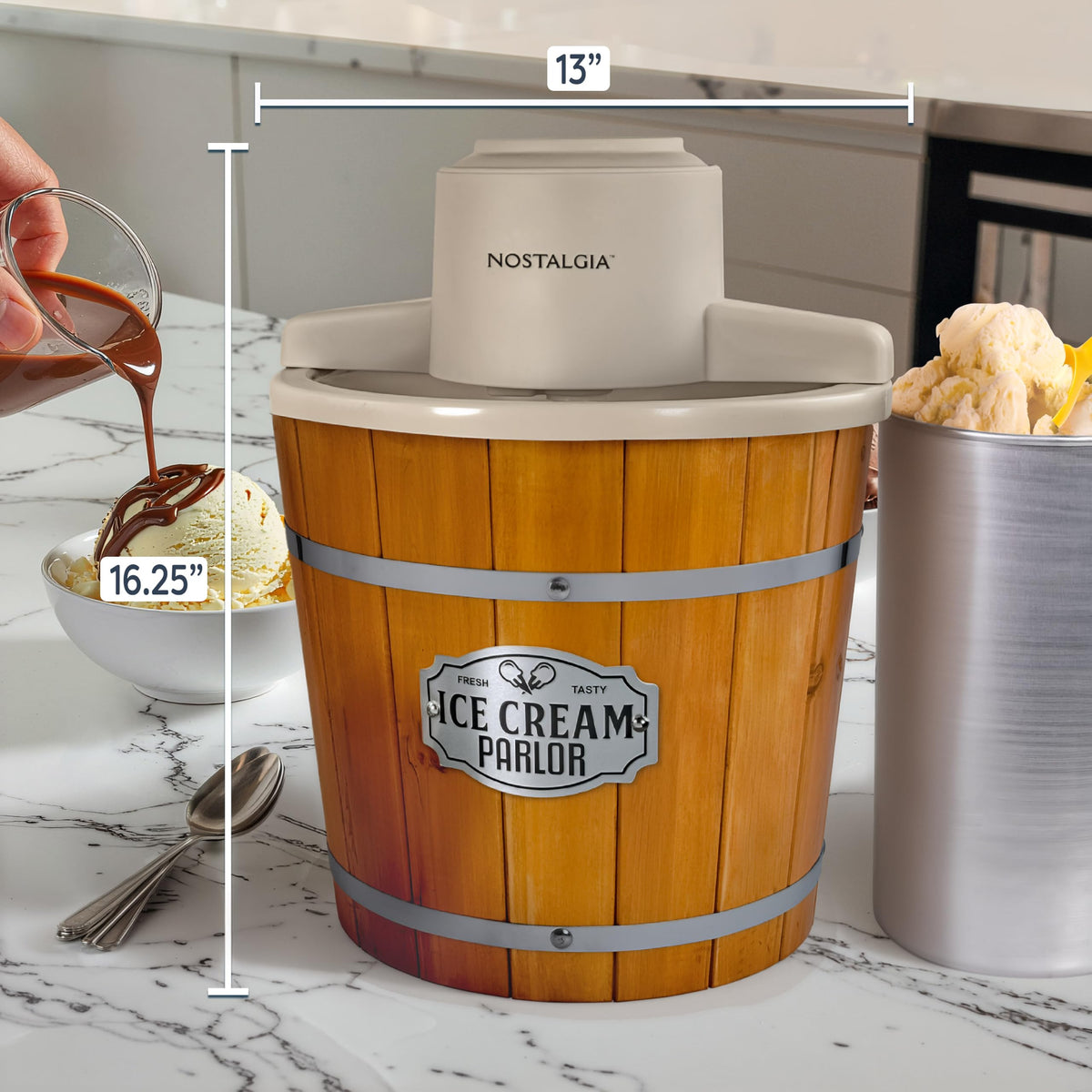 Nostalgia Electric Ice Cream Maker With 4 Qt Capacity- Old Fashioned Ice Cream Machine Makes Frozen Yogurt or Gelato in Minutes- Vintage Wooden Style Ice Cream Maker with Aluminum Canister- Light Wood