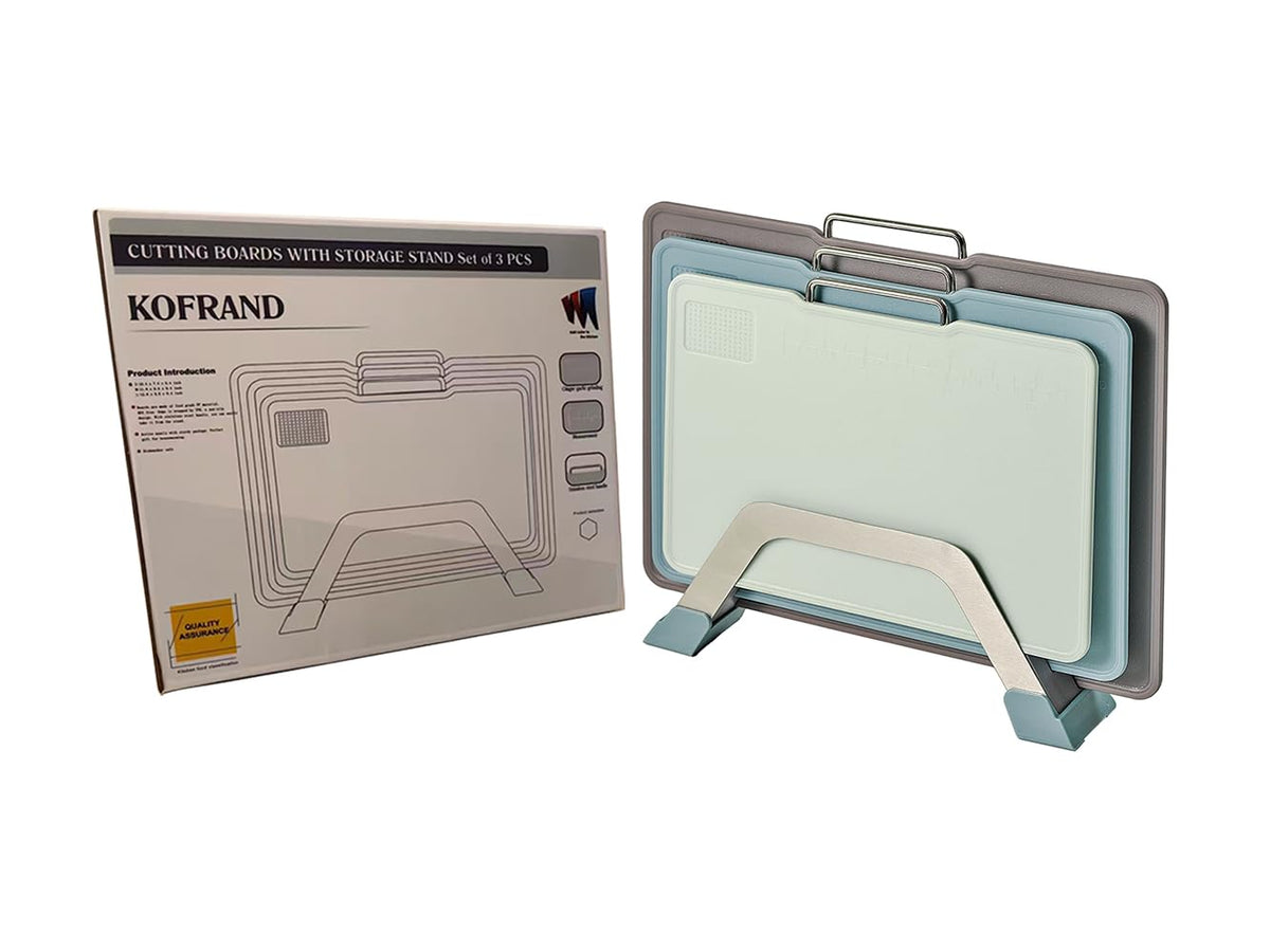KOFRAND Plastic Cutting Boards with Grinding Area and Measurement, Cutting Boards for Kitchen Dishwasher Safe, Set of 3 with Holder, Non-Slip Design, Stainless Steel Handle, Blue