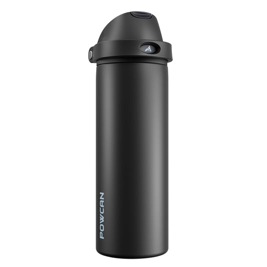POWCAN 24 oz Insulated Water Bottle: 2-in-1 Push-Button Spout & Quick-Flip Straw, Leakproof, Cold 24Hrs, Fits Car Cup Holder, Stainless Steel Water Bottle for Sports, Travel, School, Gift (Very Black)