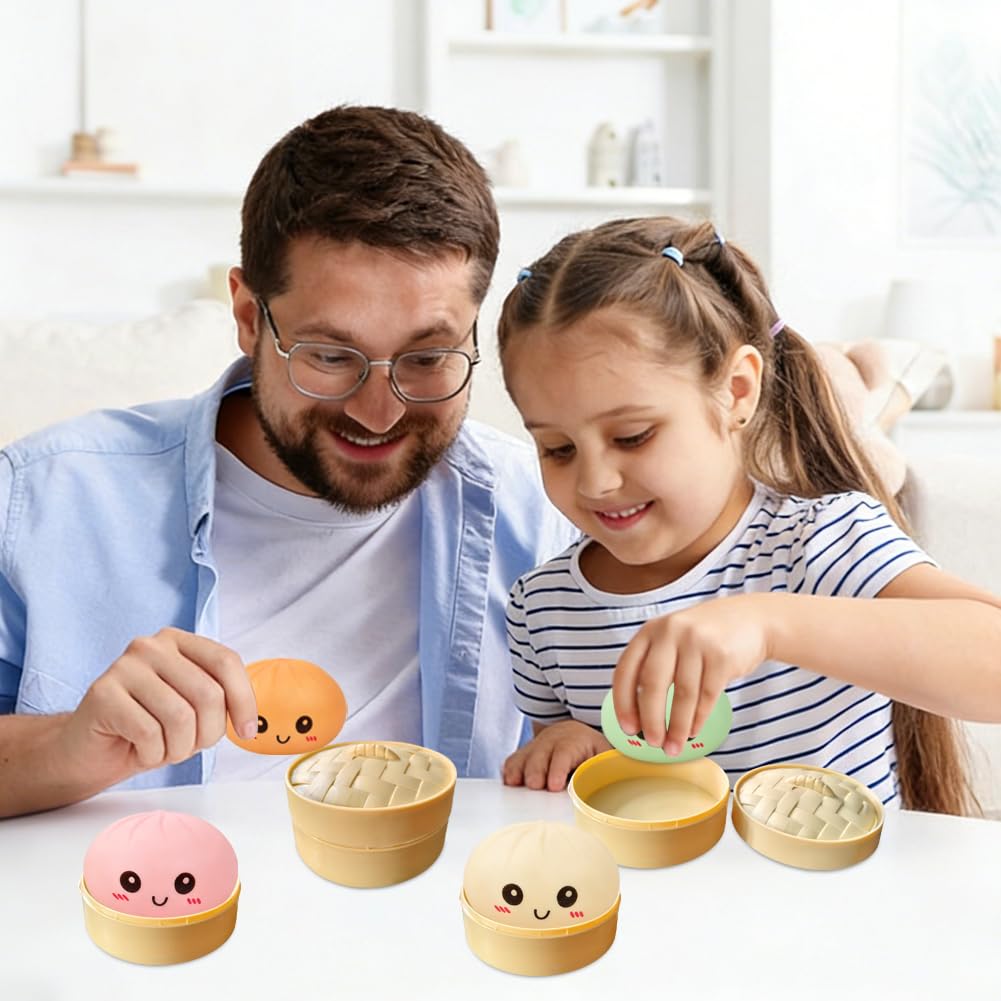 4 Pack Dumpling Squishies, Colorful Dumplings Stress Balls Fidget with Mystery Box Easter Basket Stuffers Stocking Stuffers with Food Steamer Stretchy