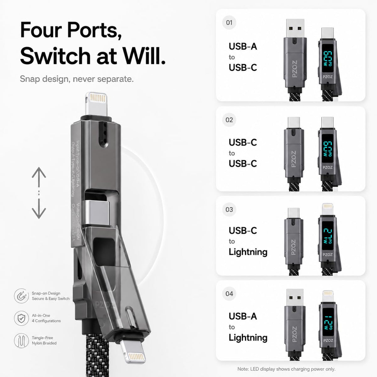 pzoz 4-in-1 Multi Charging Cable with LED Display, 60W PD Fast Charging