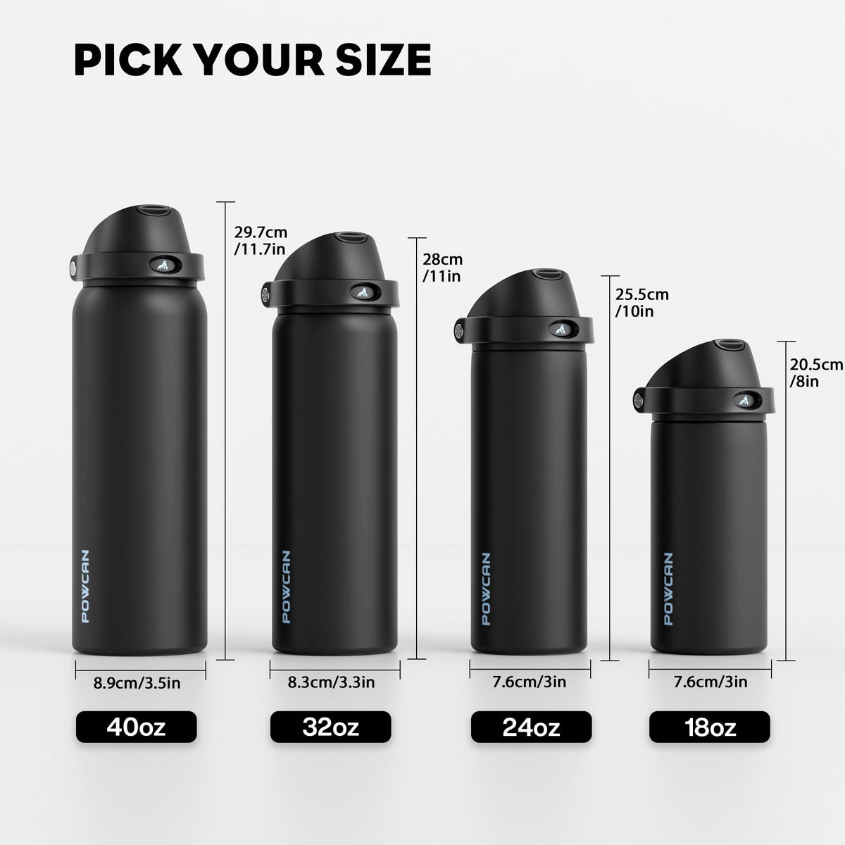 POWCAN 24 oz Insulated Water Bottle: 2-in-1 Push-Button Spout & Quick-Flip Straw, Leakproof, Cold 24Hrs, Fits Car Cup Holder, Stainless Steel Water Bottle for Sports, Travel, School, Gift (Very Black)