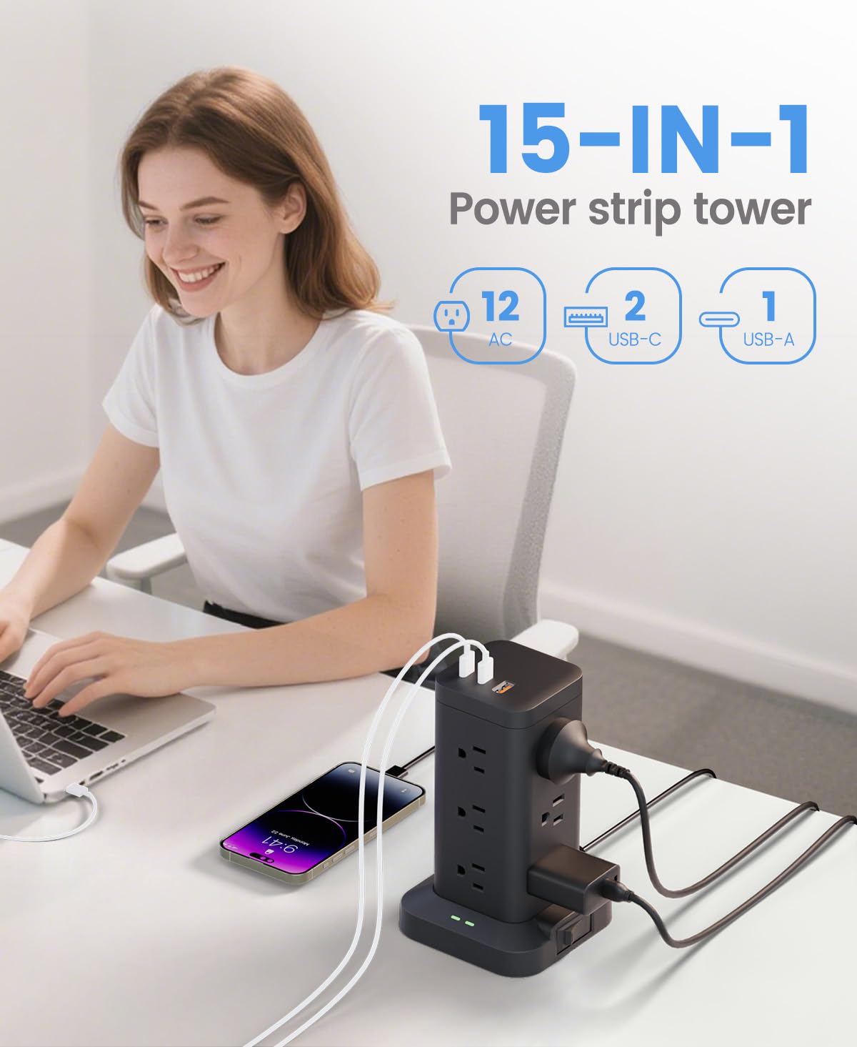 12AC 3USB Power Strip Tower Surge Protector, Extension Cord 10ft, Black, 1