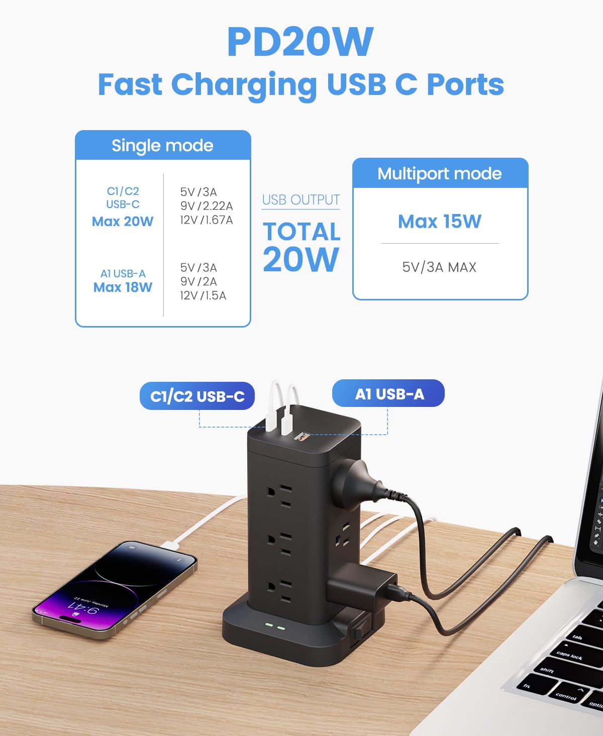 12AC 3USB Power Strip Tower Surge Protector, Extension Cord 10ft, Black, 1