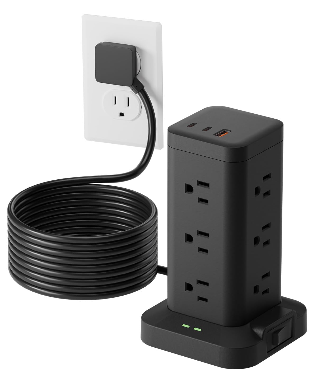 12AC 3USB Power Strip Tower Surge Protector, Extension Cord 10ft, Black, 1