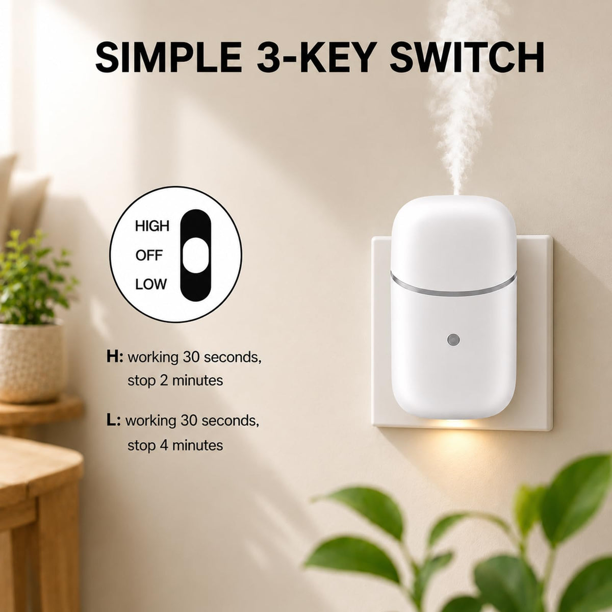 Miferdin Waterless Diffuser, Quiet Essential Oil Diffuser with Low/High Modes and Timer, Cold Plug in Diffuser with Night Light, Wall Aromatherapy Diffuser for Home, Bedroom, Bathroom, Outlet, White