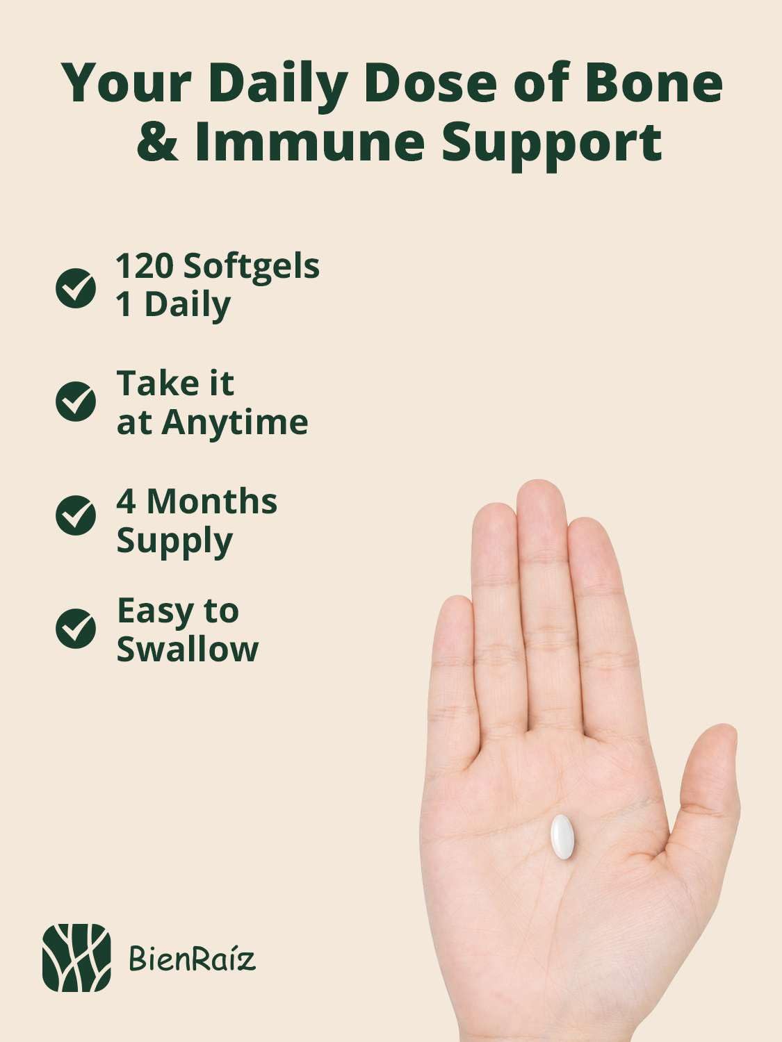 BienRaíz Vitamin D3 K2 Magnesium Glycinate, 120 Easy to Swallow Softgels