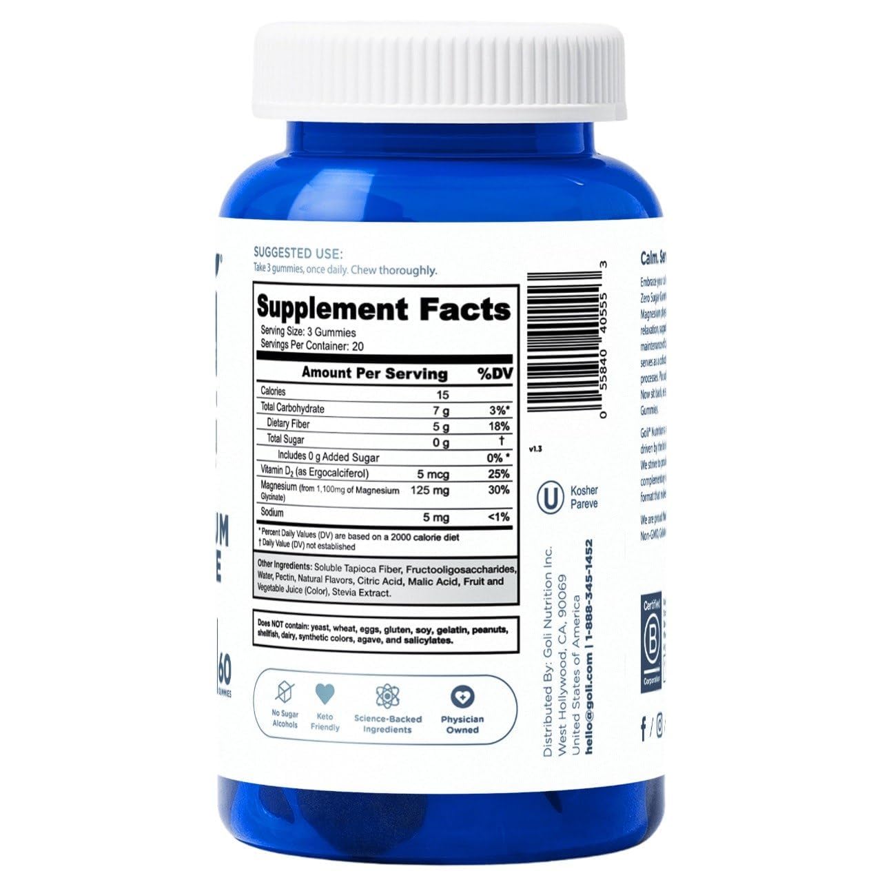 Goli Zero Sugar Magnesium Gummies - 125mg Magnesium (from Magnesium Glycinate) with Vitamin D - No Artificial Sweeteners, No Sugar Alcohols - Vegan, Keto-Friendly, Gluten-Free