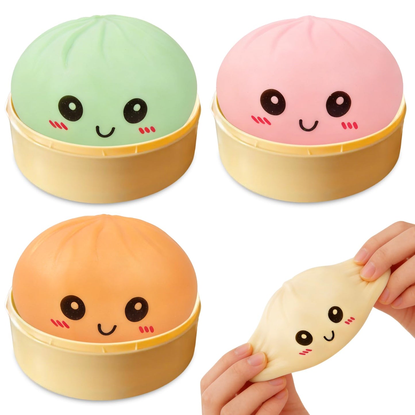4 Pack Dumpling Squishies, Colorful Dumplings Stress Balls Fidget with Mystery Box Easter Basket Stuffers Stocking Stuffers with Food Steamer Stretchy