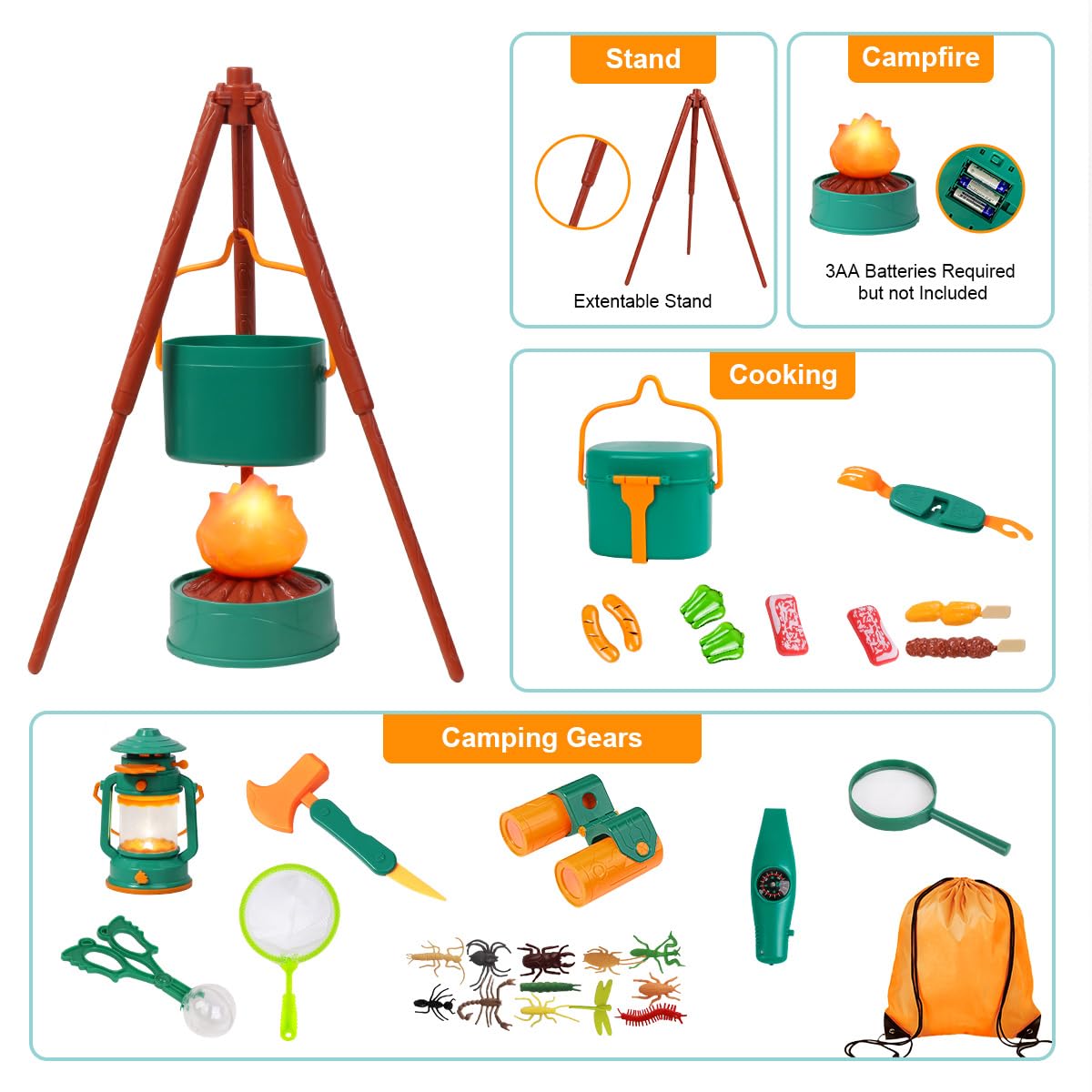Meland Camping Play Set for Children 3-6, Pretend Adventure Toy Gift