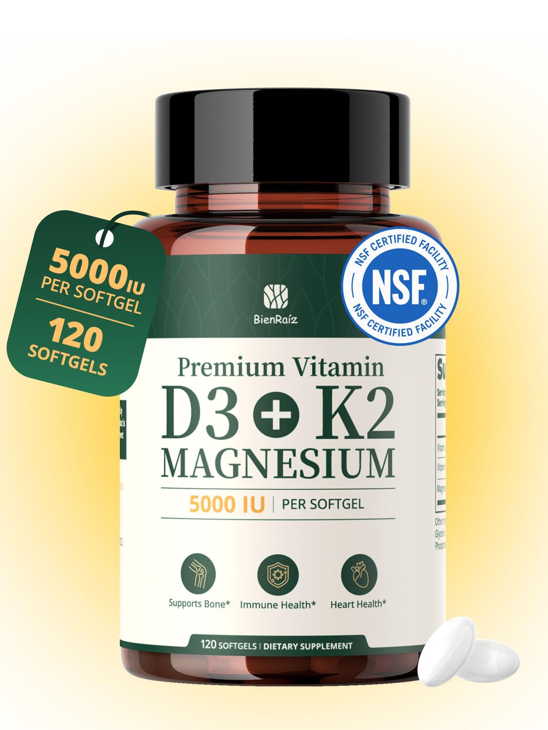 BienRaíz Vitamin D3 K2 Magnesium Glycinate, 120 Easy to Swallow Softgels