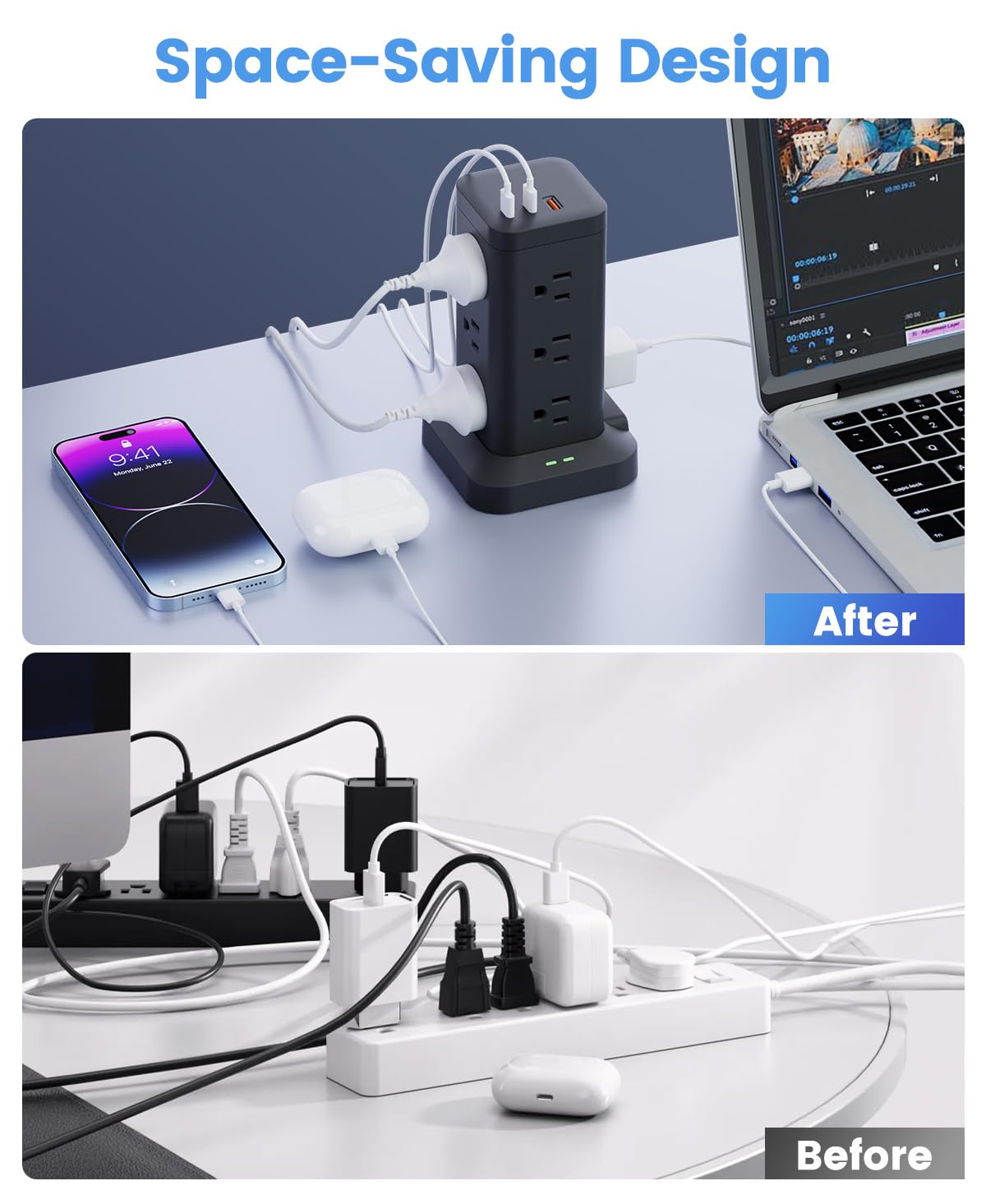 12AC 3USB Power Strip Tower Surge Protector, Extension Cord 10ft, Black, 1