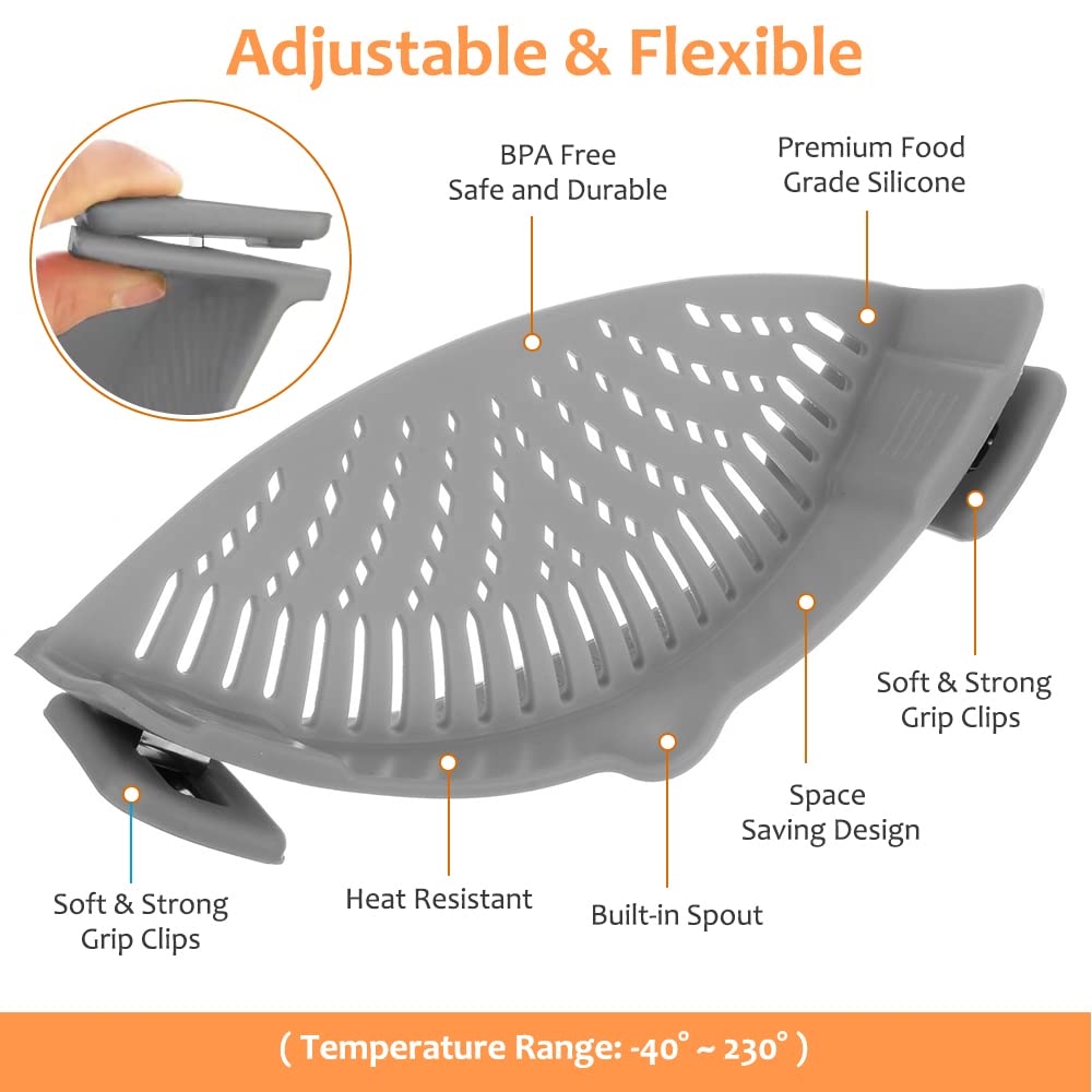 YEVIOR Clip on Strainer for All Pots Pan,Silicone Pasta Strainer