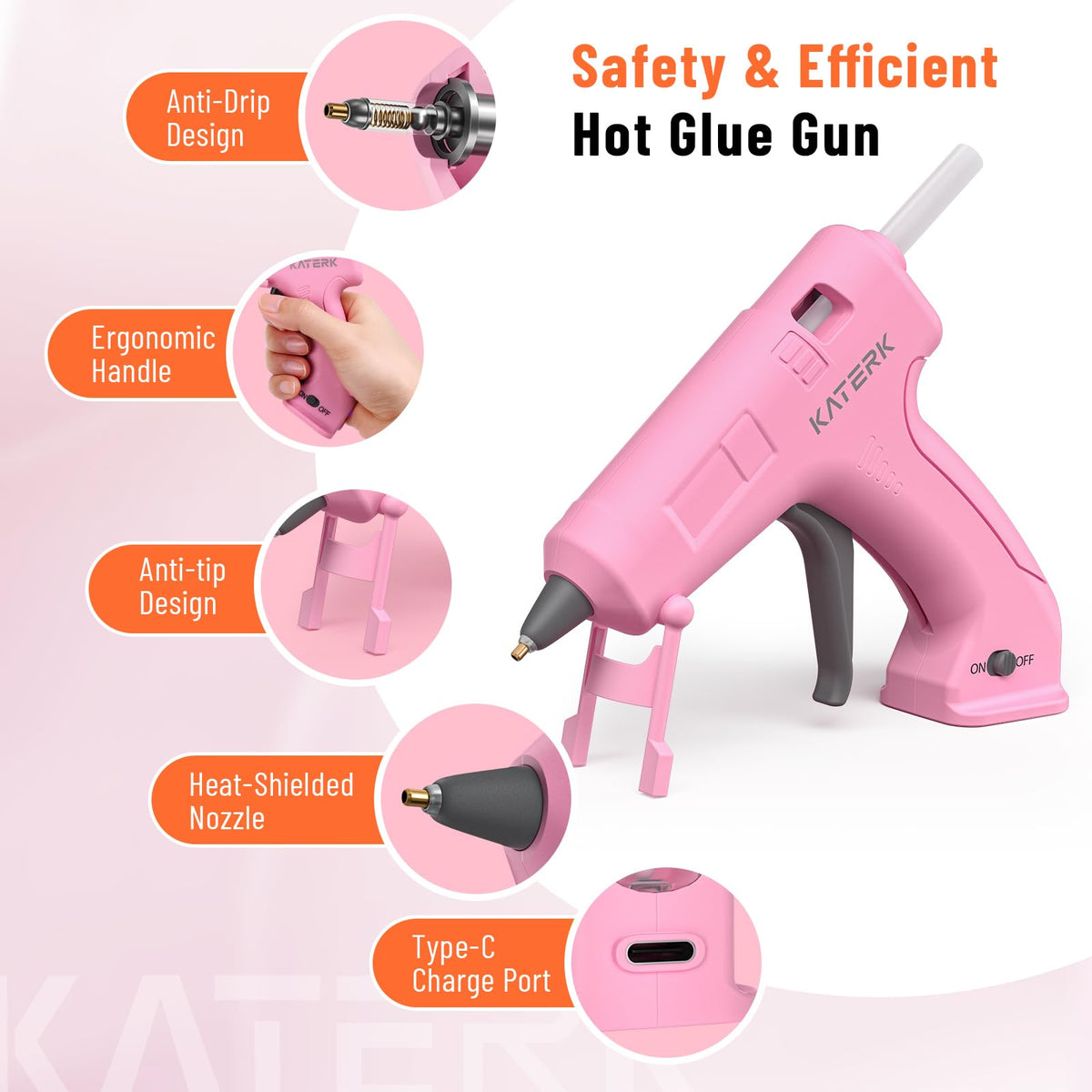 Katerk 3.7V Cordless Hot Glue Gun Kit with 15 Glue Sticks, 90s Fast Heating