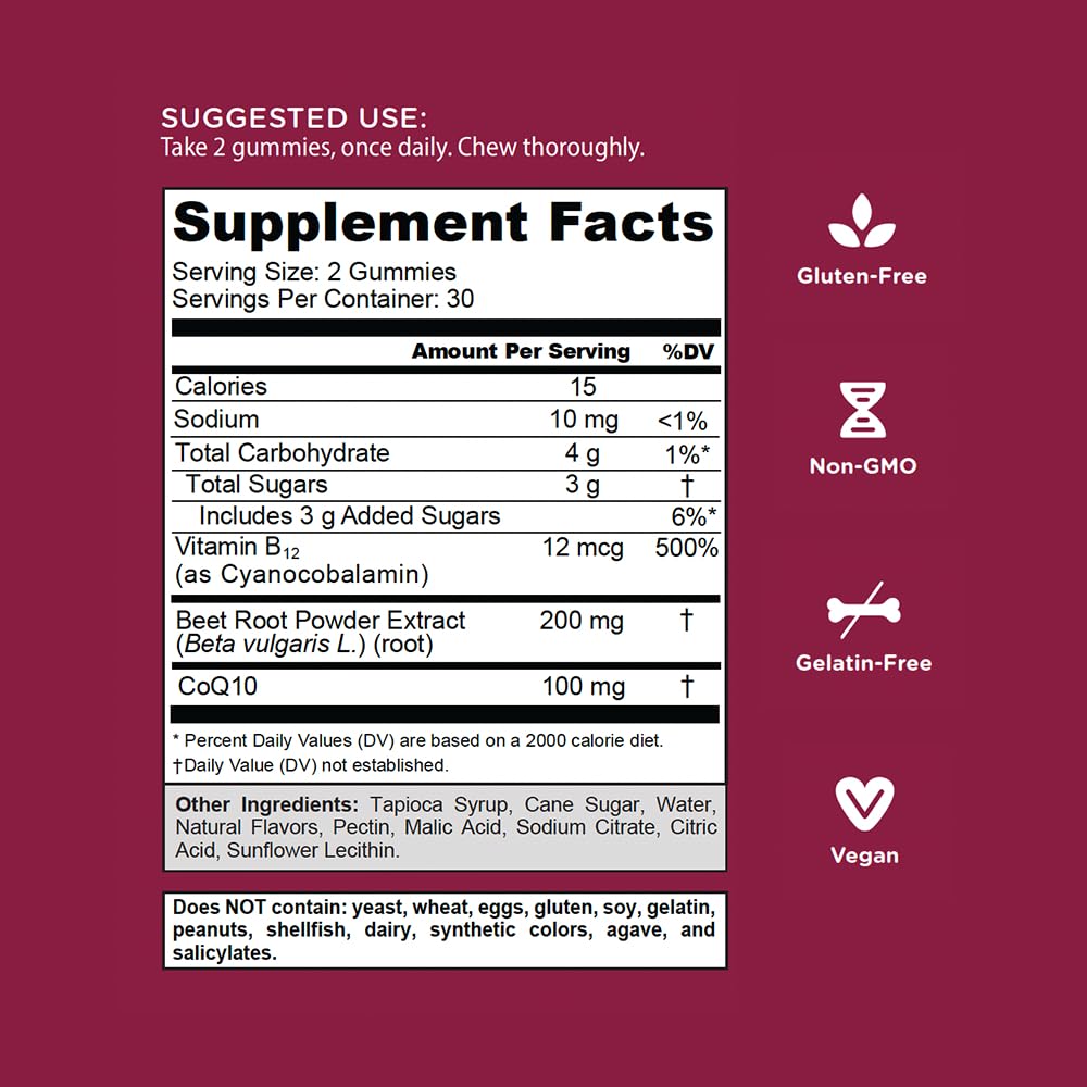 Goli Beets Cardio Gummies with CoQ10 and Vitamin B12 - Beetroot Extract - Cardiovascular Wellness - Vegan, Non-GMO, Gluten-Free
