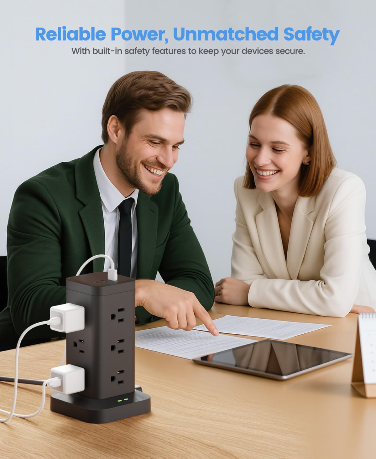 12AC 3USB Power Strip Tower Surge Protector, Extension Cord 10ft, Black, 1