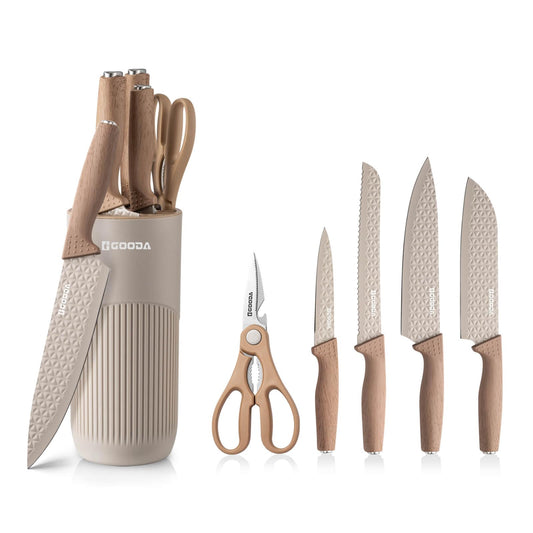 GOODA Kitchen Knife Set With Block,6-Piece Professional Chef Cooking Knives Set For Kitchen,Non-Stick Stainless Steel Knife Block Set