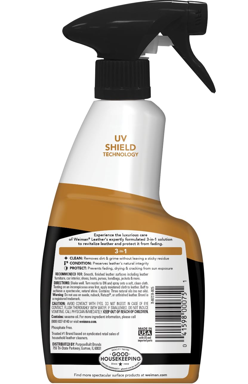 Weiman Leather Cleaner & Conditioner - Cleans, Restores & Protects Leather, UV Protection Prevent Cracking & Fading, Auto, Sofas, Shoes, Bags & All Finished Leather Surfaces, 1 Pack, 12 Fl Oz