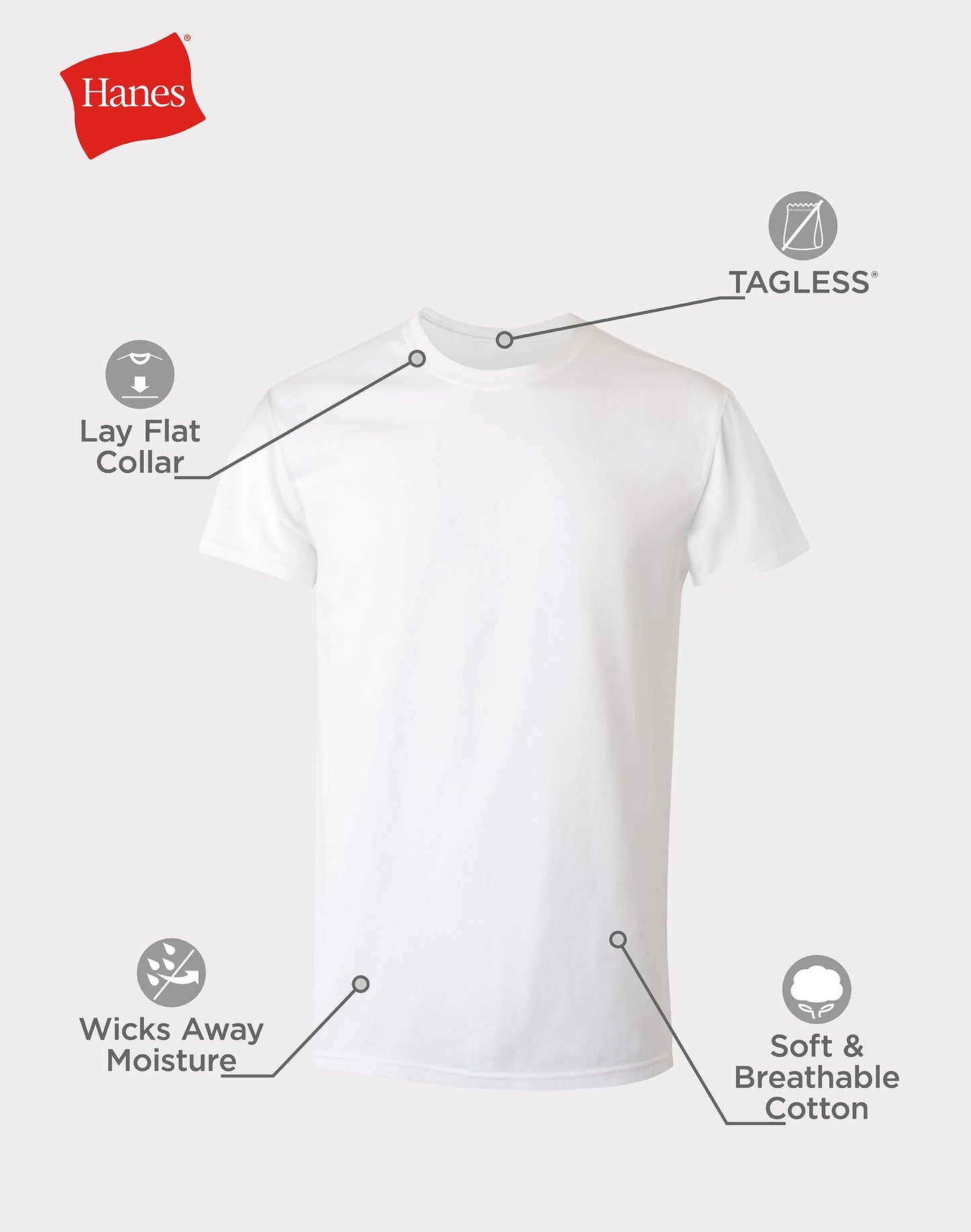 Hanes Mens Cotton, Moisture-wicking Crew Tee Undershirts, Multi-packs, White - 6 Pack, Large US