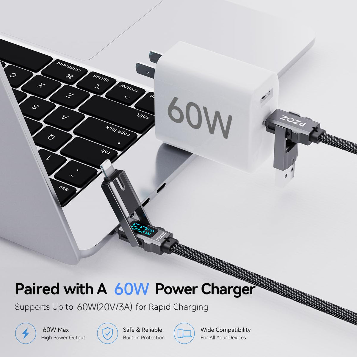 pzoz 4-in-1 Multi Charging Cable with LED Display, 60W PD Fast Charging