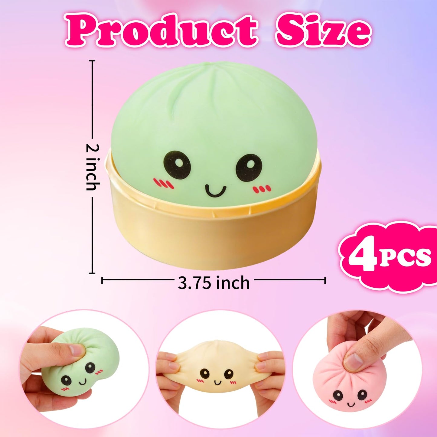 4 Pack Dumpling Squishies, Colorful Dumplings Stress Balls Fidget with Mystery Box Easter Basket Stuffers Stocking Stuffers with Food Steamer Stretchy