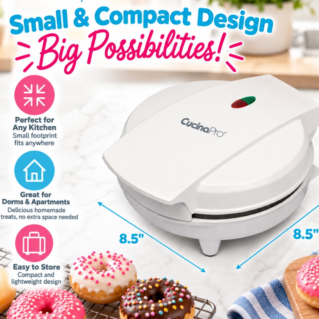 CucinaPro Mini Donut Maker, Electric Non-Stick, Bakes 7 Small Doughnuts
