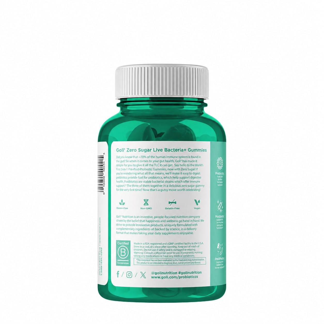 Goli Zero Sugar Pre Pro Postbiotic Gummies - Worlds First 3-in-1 with DE111, XOS, MCC1849 - No Sugar Alcohols - Vegan, Keto-Friendly, Non-GMO