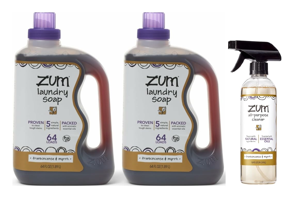 Zum by Indigo Wild Laundry & Home Cleaning Bundle – Frankincense & Myrrh – Plant-Based Liquid Laundry Soap (64 fl oz, 2 Pack) + Natural All-Purpose Surface Cleaner (16 fl oz)