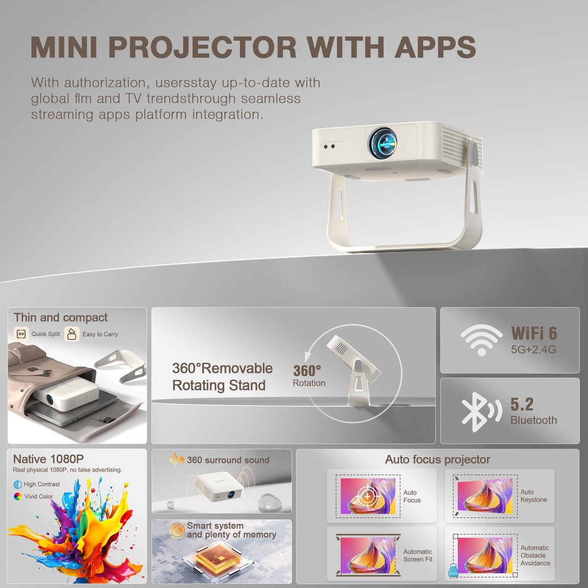 [Officially-Licensed App & Auto Focus]White Smart Mini Projector with WiFi and Bluetooth, XuanPad 4K Support Movie Projector, Portable Native 1080P Outdoor Projector with 360° Stand
