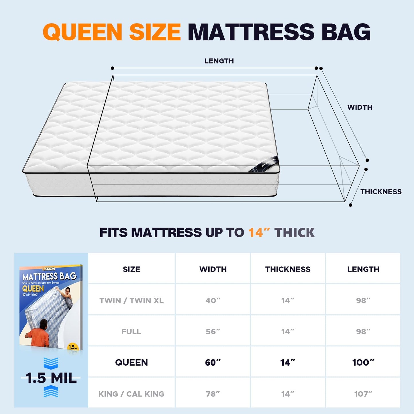 Axgatoxe Plastic Mattress Bag for Moving Storage, Queen Size (1.5MIL)
