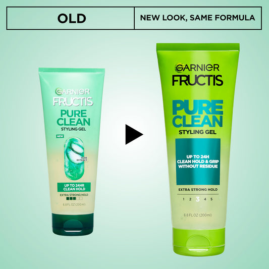 Garnier Fructis Pure Clean Styling Hair Gel, Extra Strong Hold for Up to 24HRs, Non-Flaking, Non-Sticky Formula with Aloe Extract, Made for All Hair Types, 6.8 fl oz (Packaging May Vary)