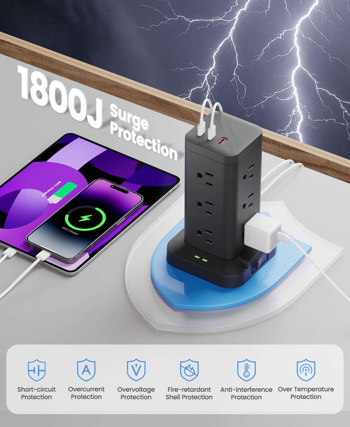 12AC 3USB Power Strip Tower Surge Protector, Extension Cord 10ft, Black, 1