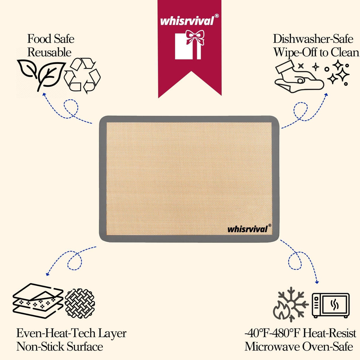 whisrvival 4 Pcs Silicone Baking Mat, Non-Stick, Reusable, Easy Cleanup