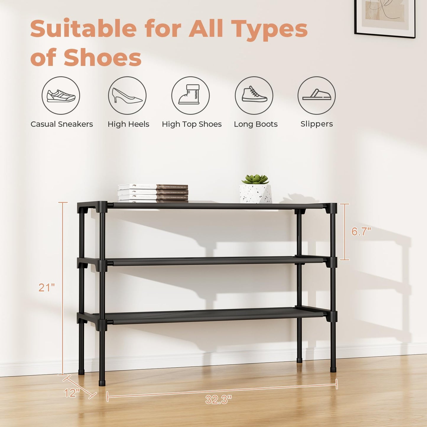 BrFoYu 32.3" Widening Design Shoe Rack for Closet 16 Pairs Small Spaces Non-Woven 3 Tier Shoe Organizer Stackable Metal Shoe Shelf for Entryway, Bedroom