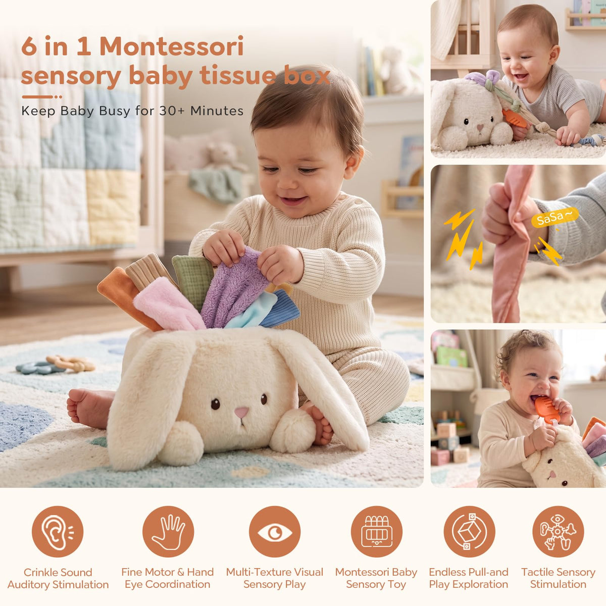 weirtoya Baby Bunny Tissue Box Toy,Baby Toys 6-12 Months