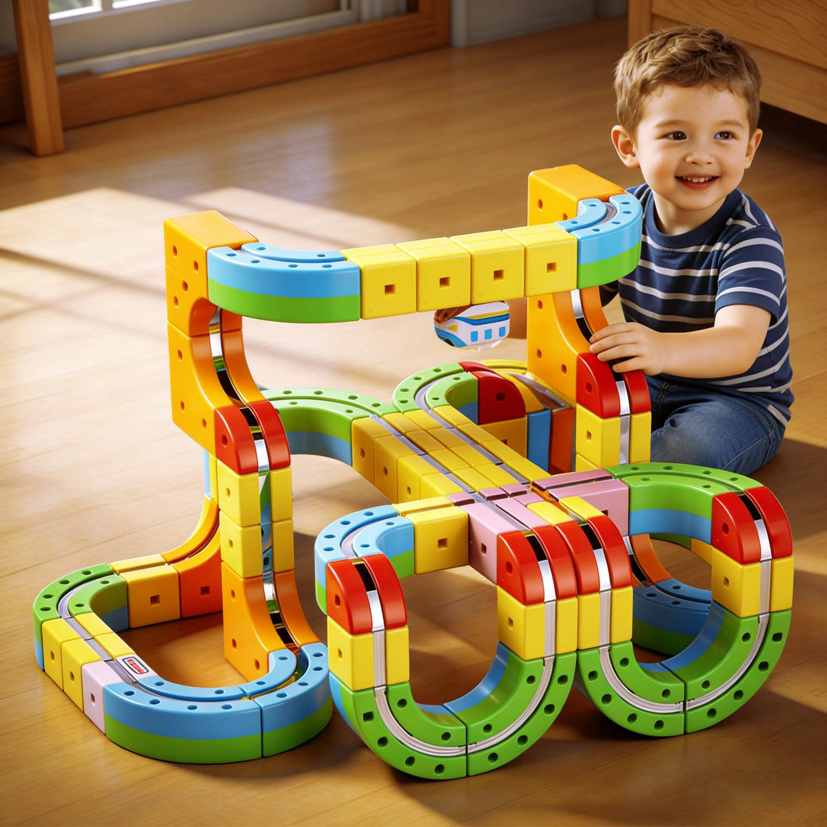 Electric Train Set for Kids Toddlers 3-5,Magnetic Track&Rechargeable Car,Gravity-Defying 3D Embedded Layouts DIY Flexible Race Track Assembly,STEM Educationa Learning Gift
