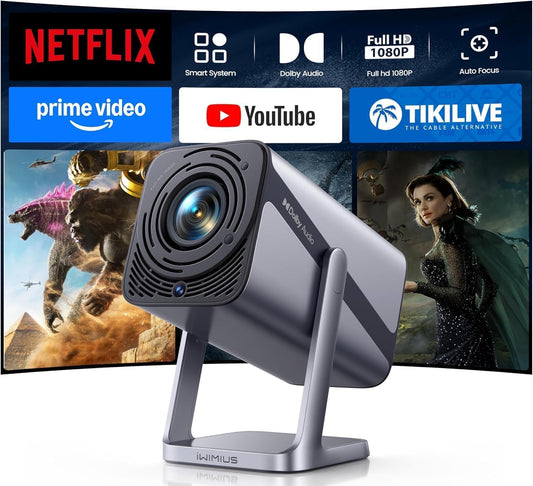 [4K Support/Auto Focus/360°Adjustable Stand]Smart-Mini-Projector with WiFi 6 and Bluetooth5.2, Native 1080P Portable Projector, Dolby Audio, iWIMIUS Outdoor Movie Proyector Compatible with Netflix