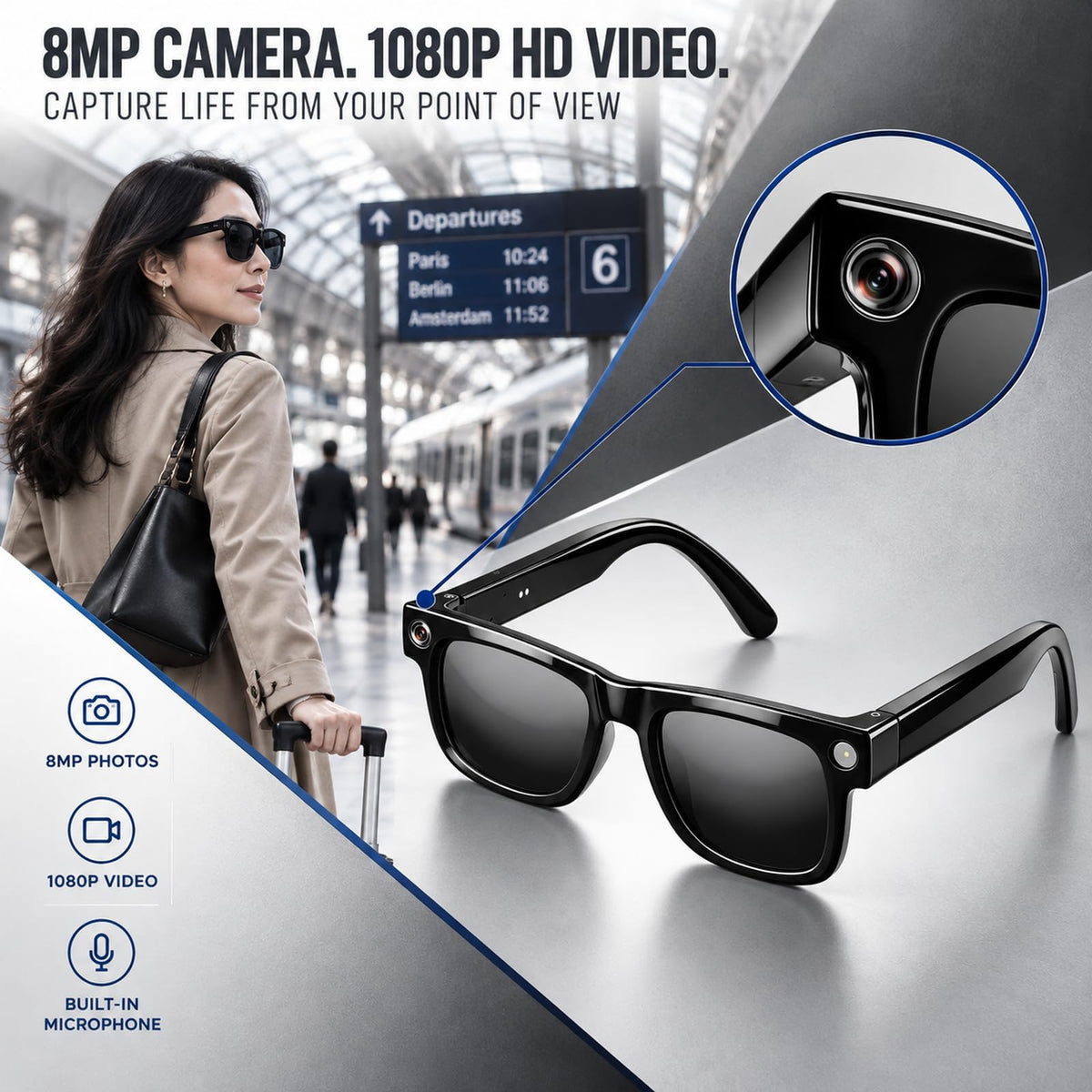 AI Smart Glasses with 8MP Camera, 1080P Video, AI Assistant & Translation