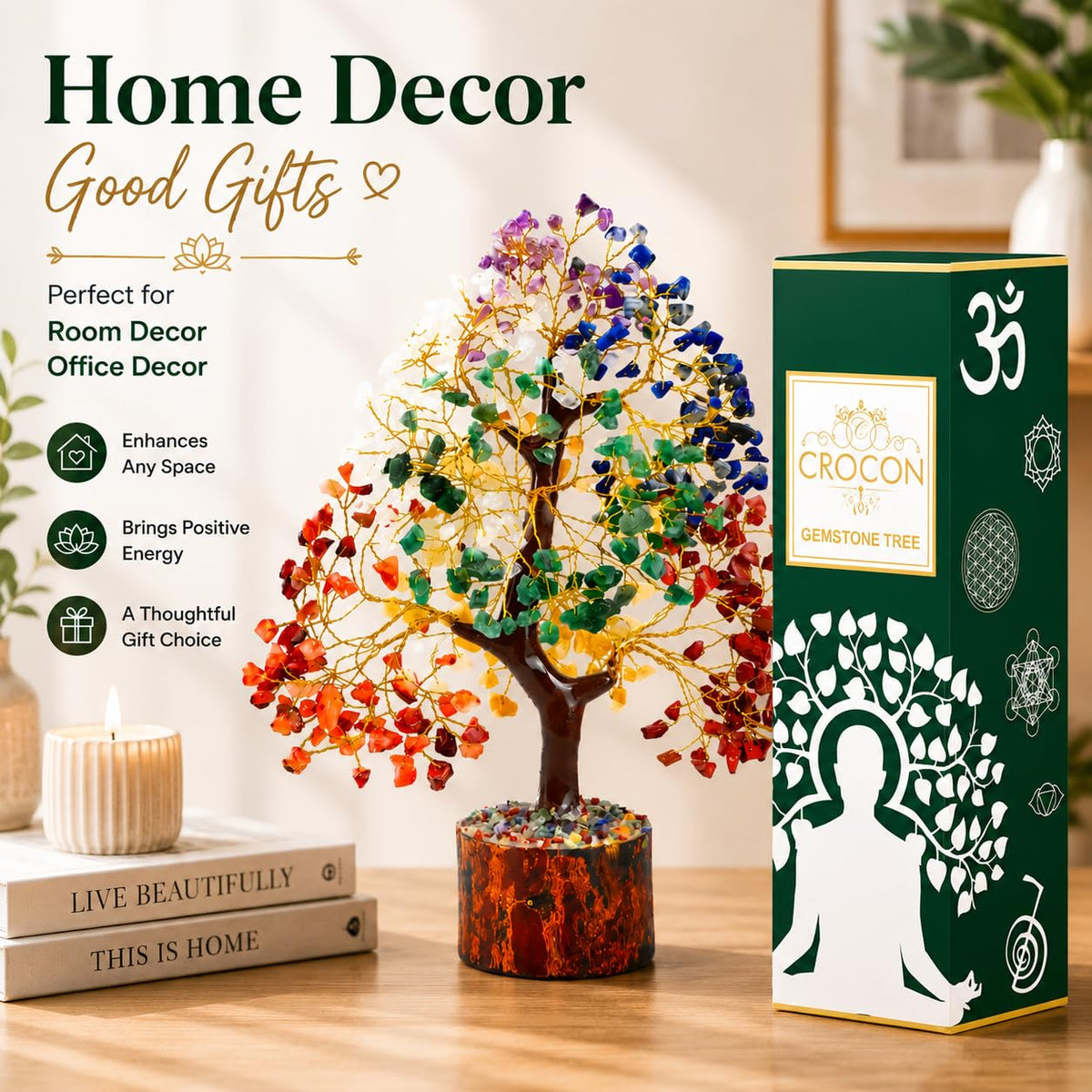 Crocon® 7 Chakra Crystal Tree of Life, Healing Crystals Tree 10-12 Inch,