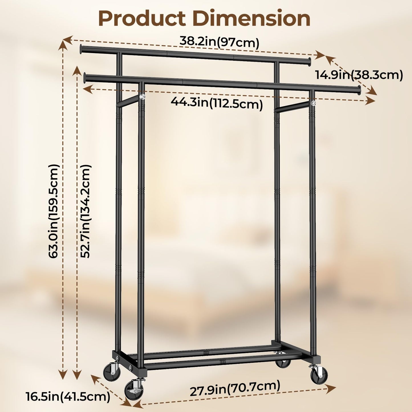 HYSEYY Double Rods Clothes Rack, Rolling Clothing Rack for Hanging Clothes Portable Wardrobe Rack, Metal Garment Rack Sturdy Coat Rack for Bedroom Laundry Living Room, Black