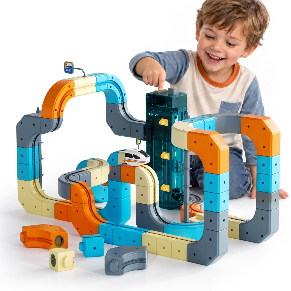 106PCS 3D Electric Train Track Toy Set for Kids with Interactive Elevator