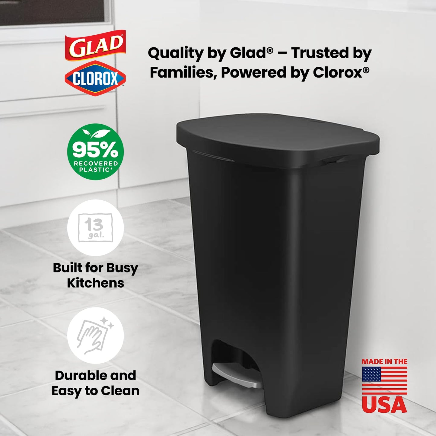 Glad Trash Can with Clorox Odor Protection | Plastic Bin, 13 Gal, Black